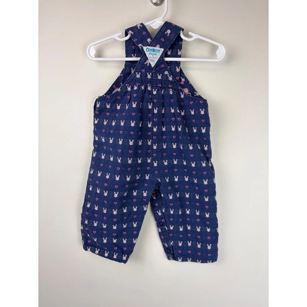 OshKosh Vestbak Overalls 3/6M Blue Bunny Embroidered Heart Vintage USA Easter